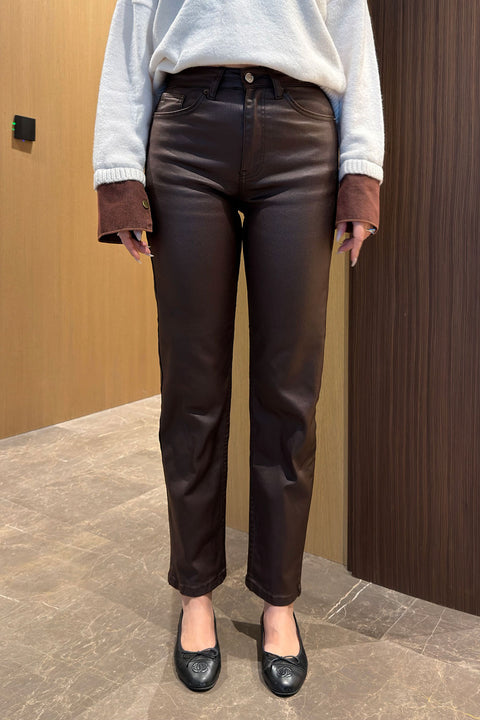 Kaplamalı Boyfit Jean- KAHVERENGİ