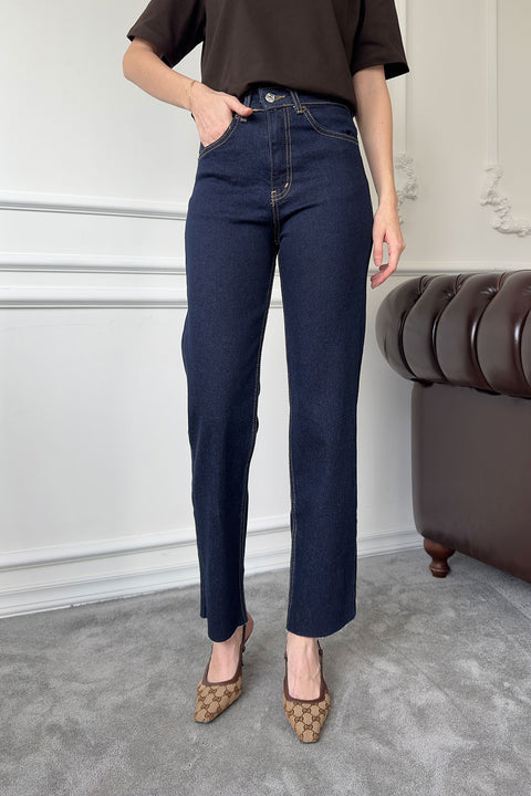Kesik Paça Boyfit Jean- LACİVERT