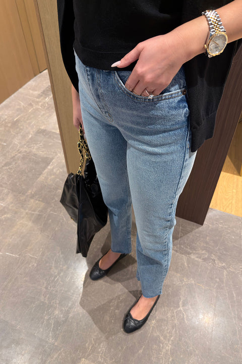 Kesik Paça Boyfit Jean- MAVİ