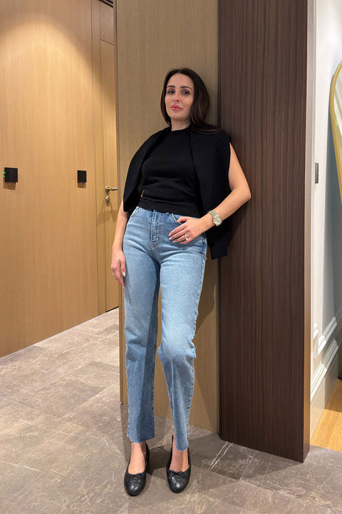 Kesik Paça Boyfit Jean- MAVİ