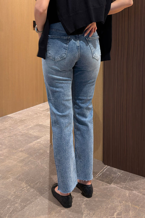 Kesik Paça Boyfit Jean- MAVİ