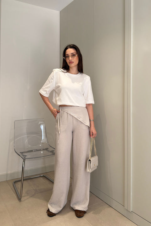 Keten Beli Lastikli Fularlı Pantolon- BEJ