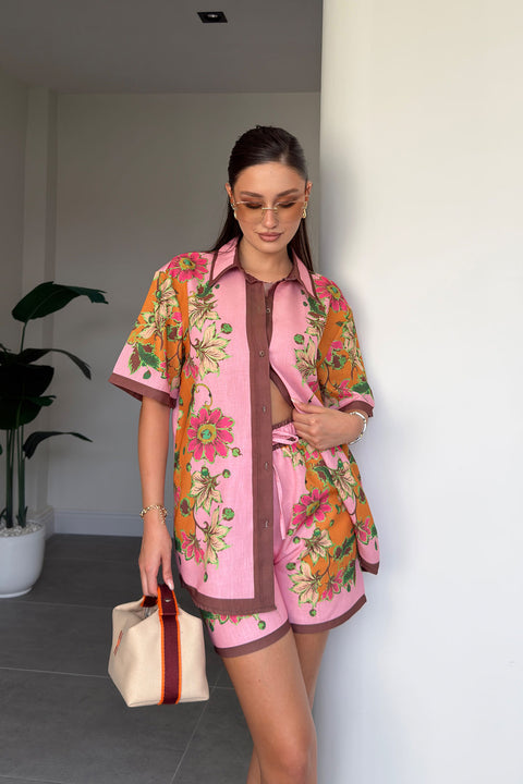 Keten Desenli Şort Gömlek Takım- PEMBE
