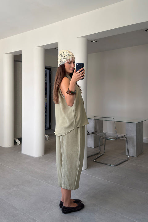 Keten Yelekli Pantolon Premium Takım- HAKİ