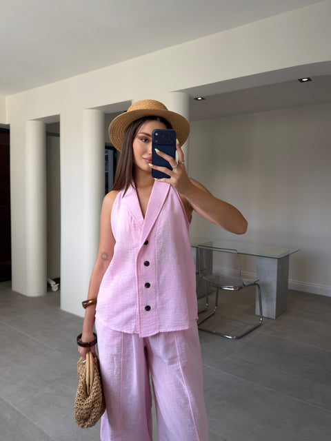 Keten Yelekli Pantolon Premium Takım- PEMBE
