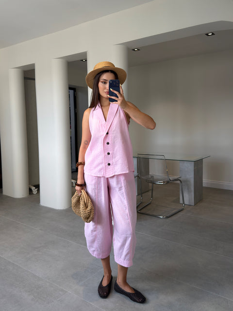 Keten Yelekli Pantolon Premium Takım- PEMBE
