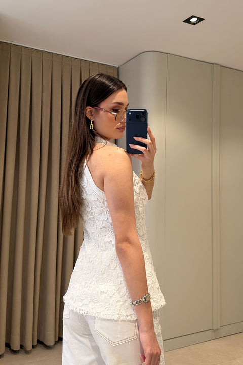 Kolsuz Dantelli Premium Denim Gömlek- BEYAZ