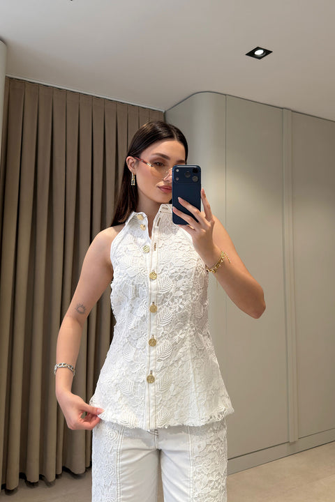 Kolsuz Dantelli Premium Denim Gömlek- BEYAZ