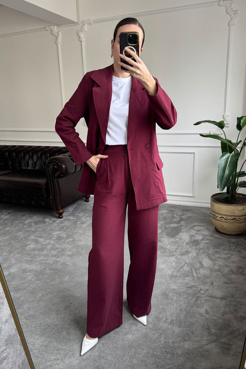 Kruvaze Düğmeli Keten Takım- BORDO