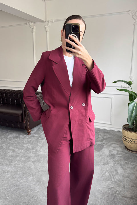 Kruvaze Düğmeli Keten Takım- BORDO