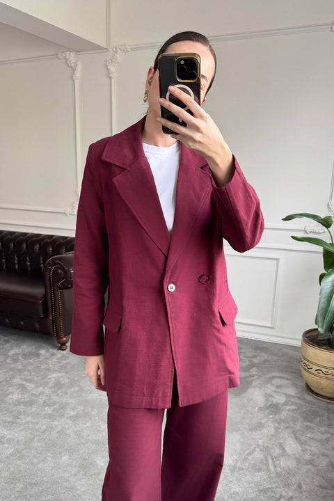 Kruvaze Düğmeli Keten Takım- BORDO