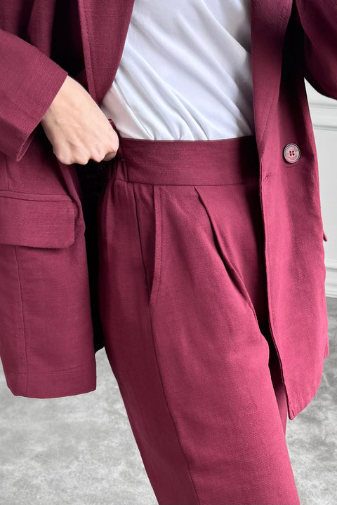 Kruvaze Düğmeli Keten Takım- BORDO