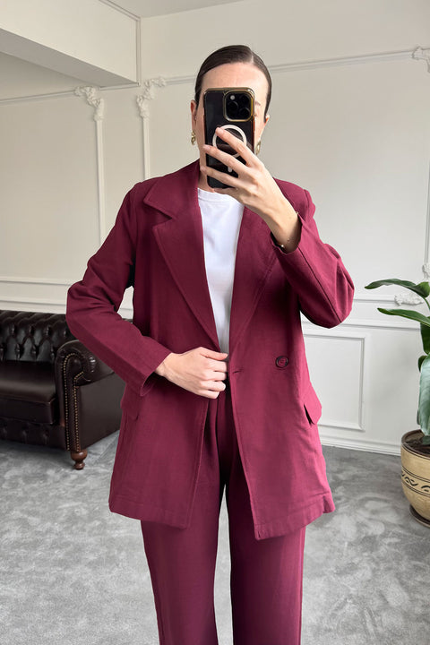 Kruvaze Düğmeli Keten Takım- BORDO