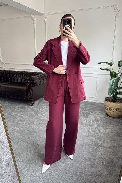 Kruvaze Düğmeli Keten Takım- BORDO