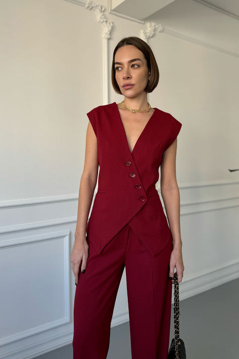 Kruvaze Yelekli Takım- BORDO