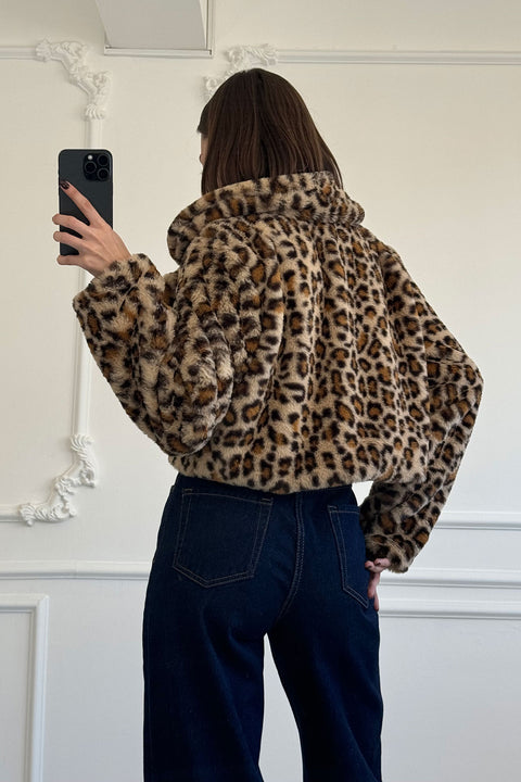 Leopar Desen Premium Kürk Mont- CAMEL