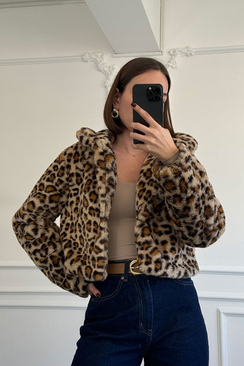 Leopar Desen Premium Kürk Mont- CAMEL