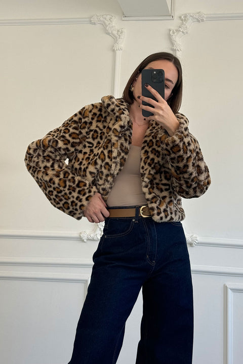 Leopar Desen Premium Kürk Mont- CAMEL