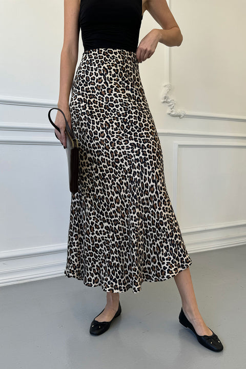 Leopar Midi Saten Etek- BEJ