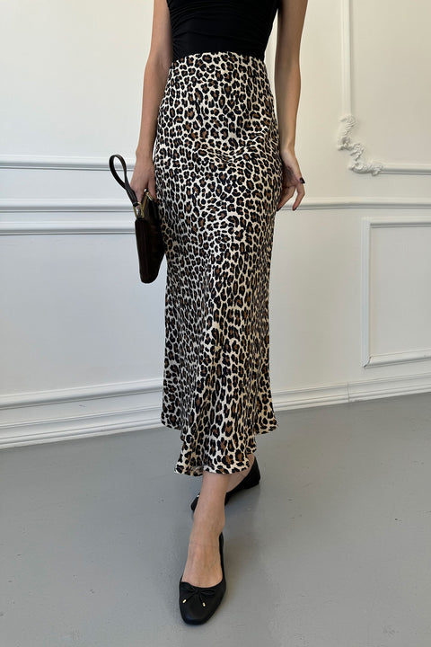 Leopar Midi Saten Etek- BEJ