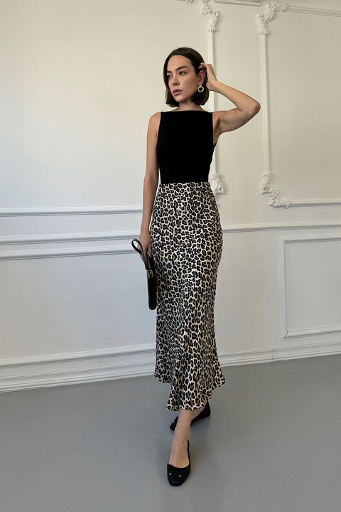 Leopar Midi Saten Etek- BEJ