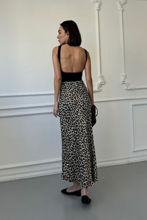 Leopar Midi Saten Etek- BEJ