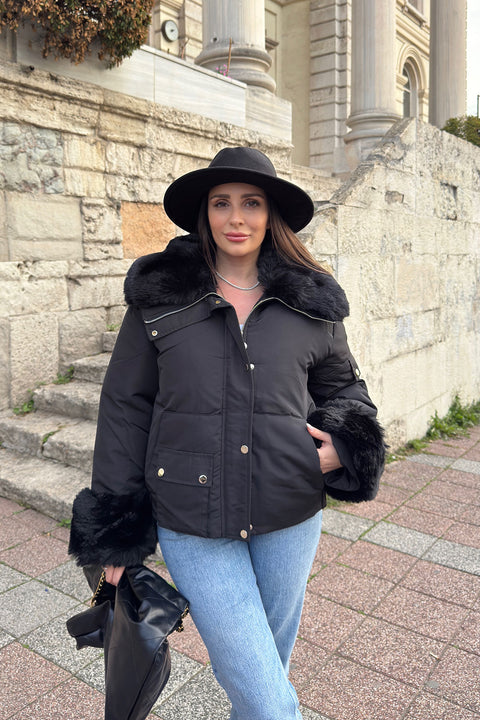 Marelle Yakası Ve Kolu Kürklü Şişme Mont- SİYAH