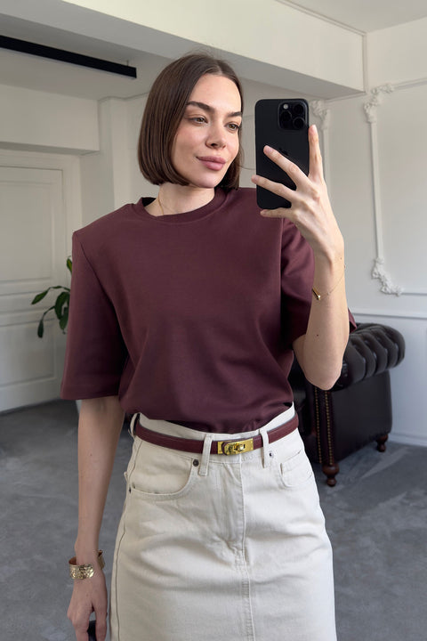 Omuz Vatkalı Premium T-shirt- Acı Kahve