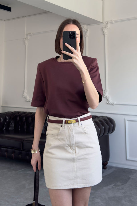 Omuz Vatkalı Premium T-shirt- Acı Kahve