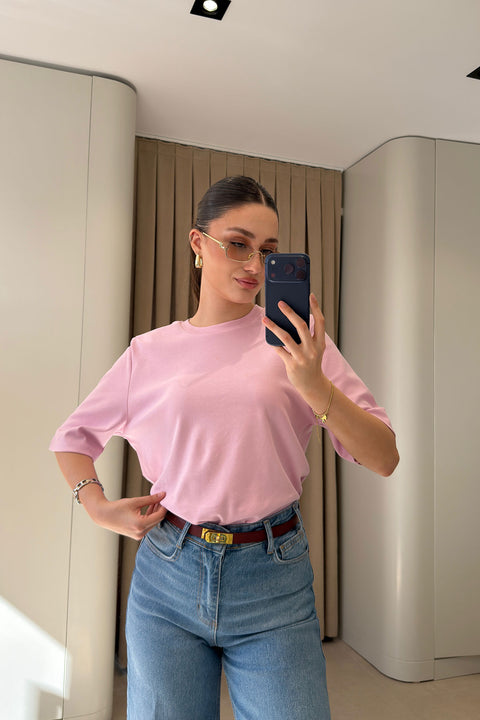Omuz Vatkalı Premium T-shirt- PEMBE