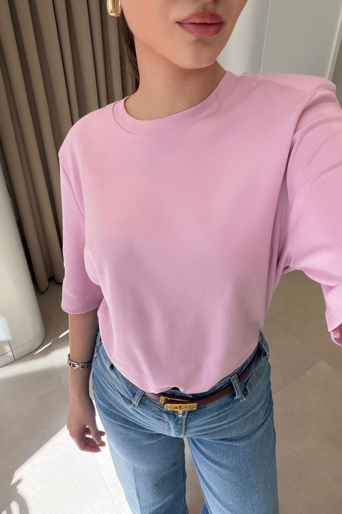 Omuz Vatkalı Premium T-shirt- PEMBE