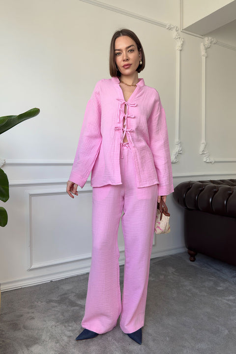 Önü Kurdeleli Müslin Takım- PEMBE