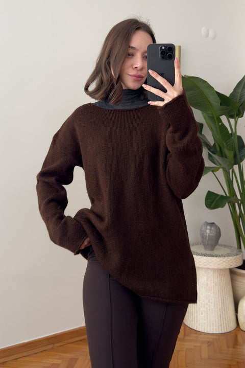 Oversize Tasarım Triko Kazak- KAHVERENGİ