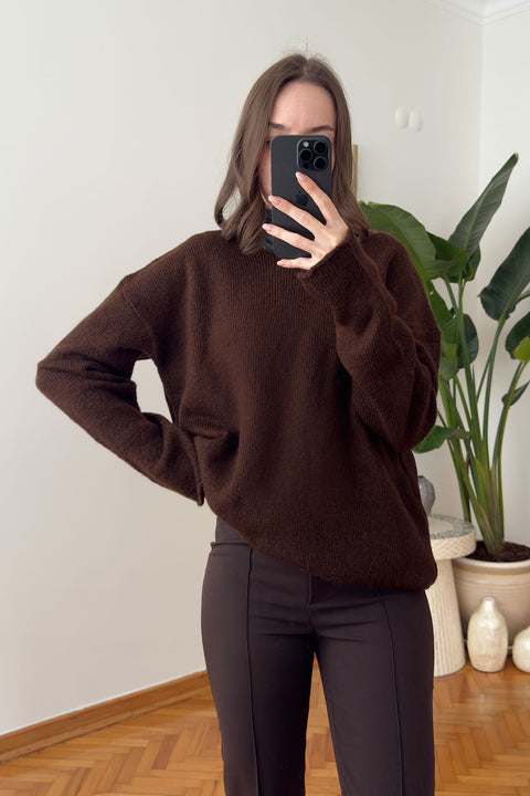 Oversize Tasarım Triko Kazak- KAHVERENGİ