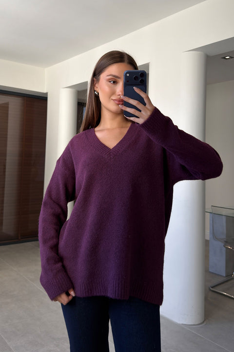 Oversize V Yaka Triko Kazak- BORDO