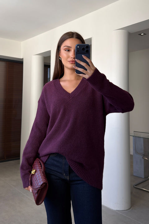 Oversize V Yaka Triko Kazak- BORDO