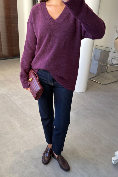 Oversize V Yaka Triko Kazak- BORDO