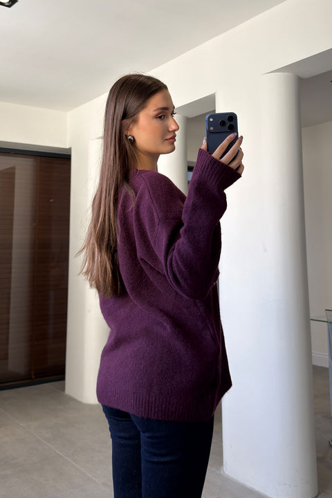 Oversize V Yaka Triko Kazak- BORDO