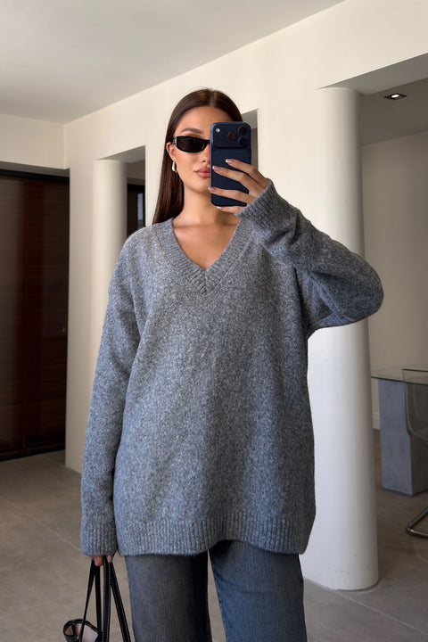 Oversize V Yaka Triko Kazak- GRİ