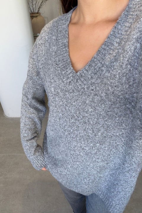 Oversize V Yaka Triko Kazak- GRİ