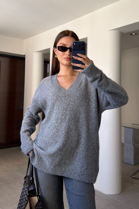 Oversize V Yaka Triko Kazak- GRİ