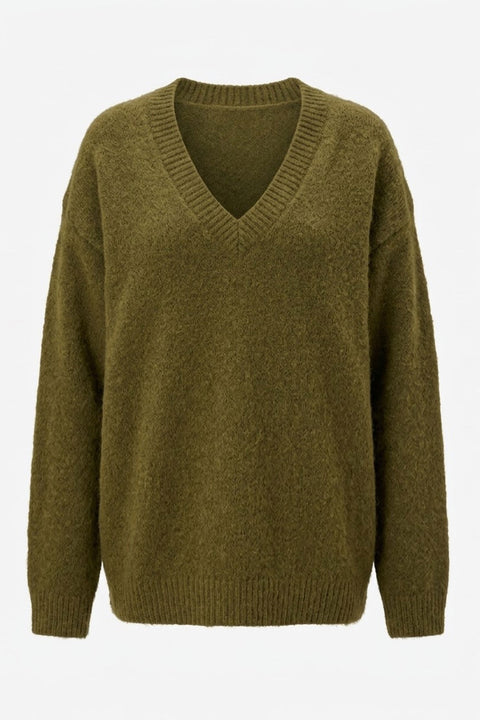 Oversize V Yaka Triko Kazak- HAKİ