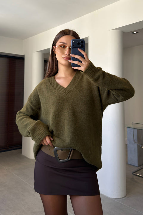Oversize V Yaka Triko Kazak- HAKİ