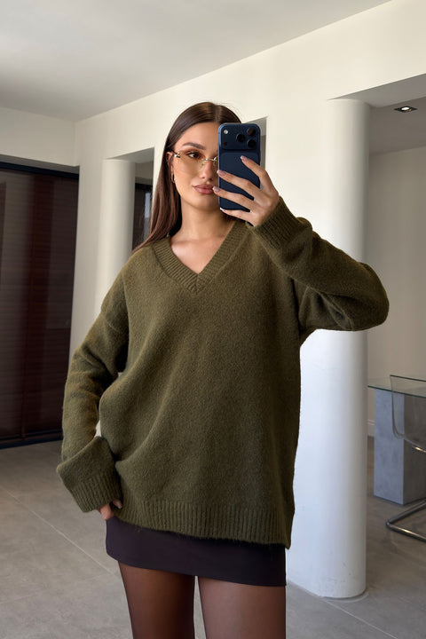Oversize V Yaka Triko Kazak- HAKİ
