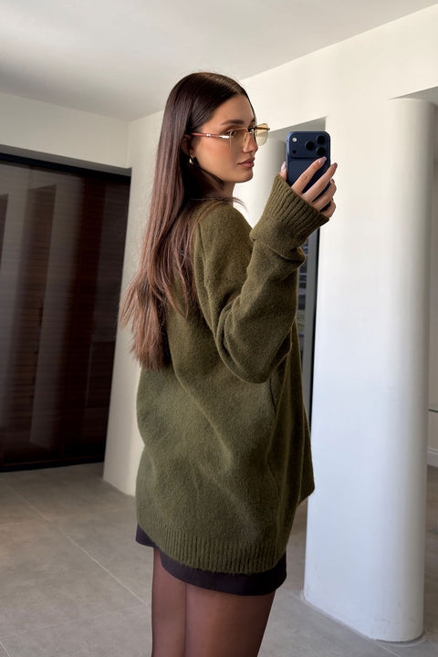 Oversize V Yaka Triko Kazak- HAKİ