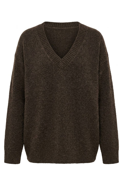 Oversize V Yaka Triko Kazak- KAHVERENGİ