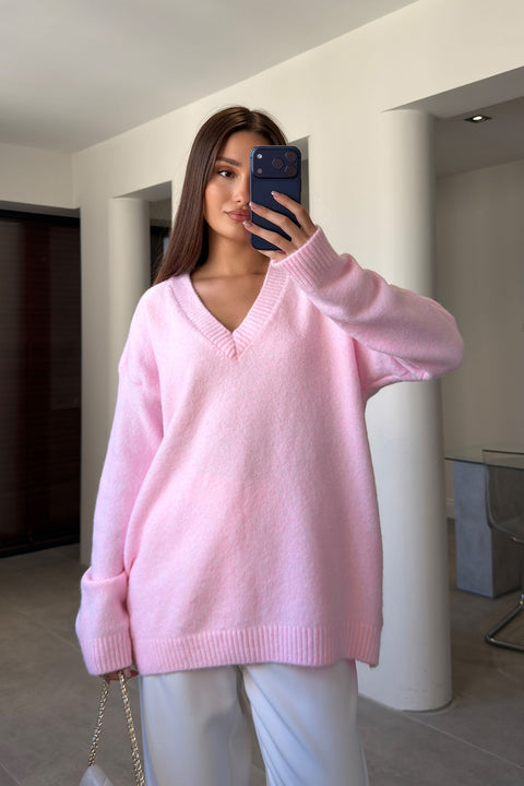 Oversize V Yaka Triko Kazak- PEMBE