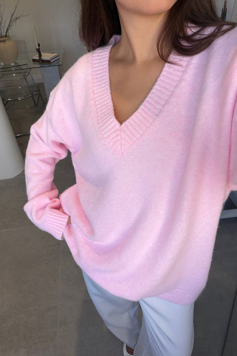 Oversize V Yaka Triko Kazak- PEMBE