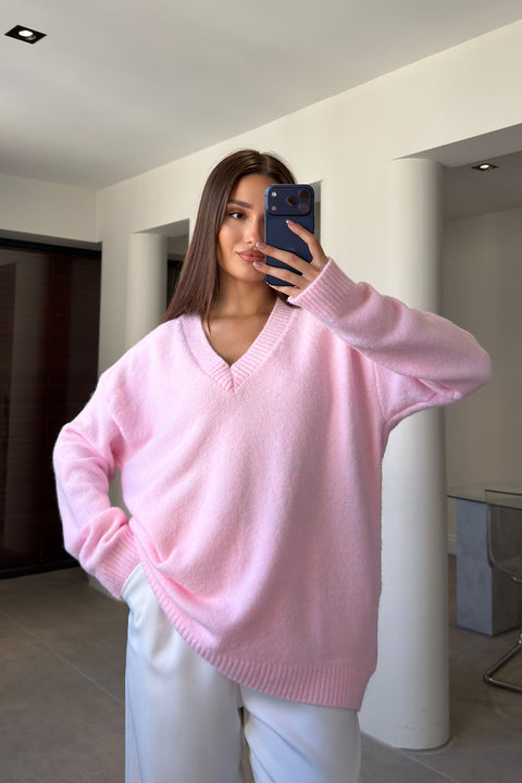 Oversize V Yaka Triko Kazak- PEMBE