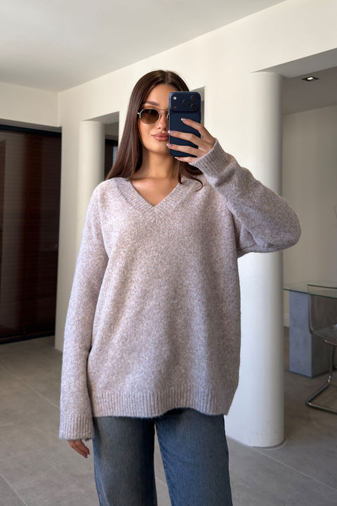 Oversize V Yaka Triko Kazak- VİZON